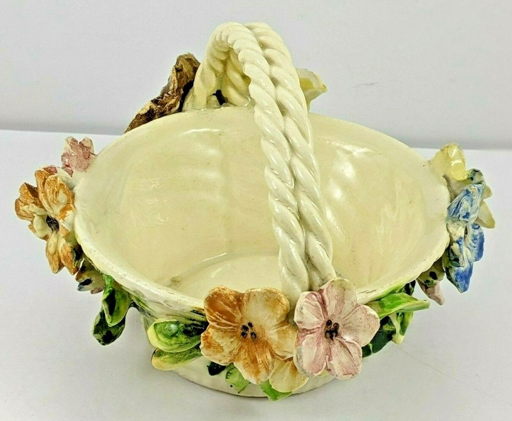 Vintage Ceramic Flowered Basket Braided Handle Italy