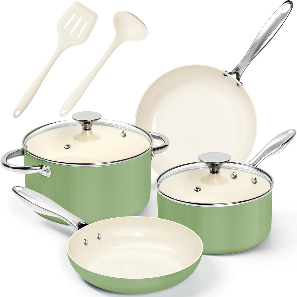 Non-Stick Titanium Cookware Set - 8-Pcs Ceramic Cookware Green
