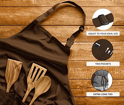 Brown Bib Apron with Pockets Adjustable Unisex Cooking Kitchen Machine Washable