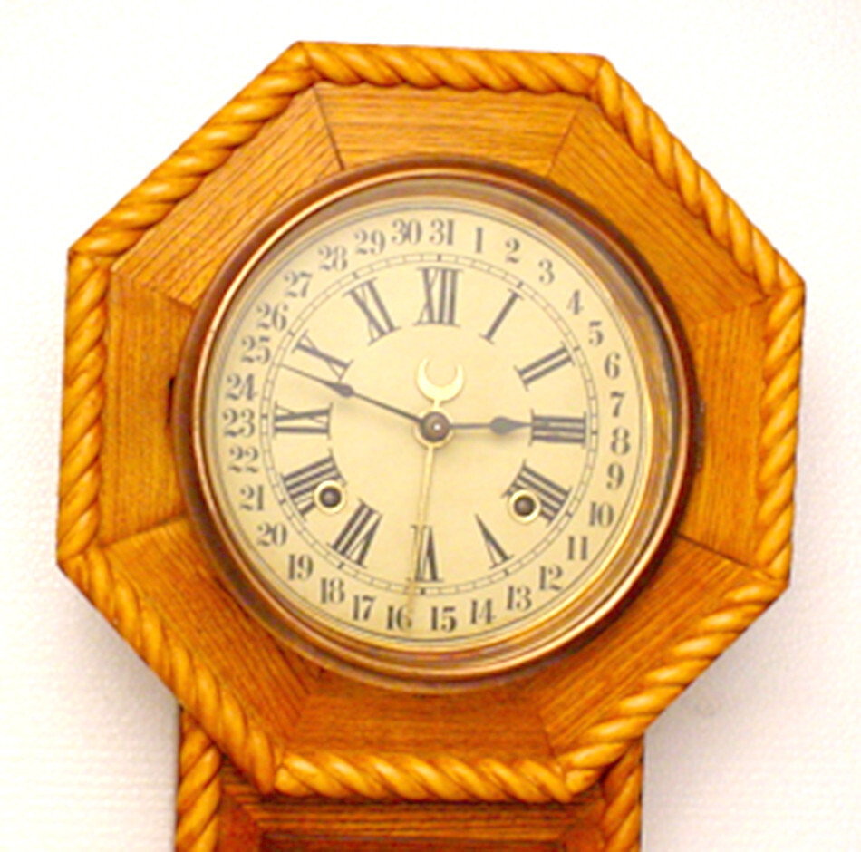Antique Solid Elm Octagon Schoolhouse Calendar "Regulator A" Wall Clock