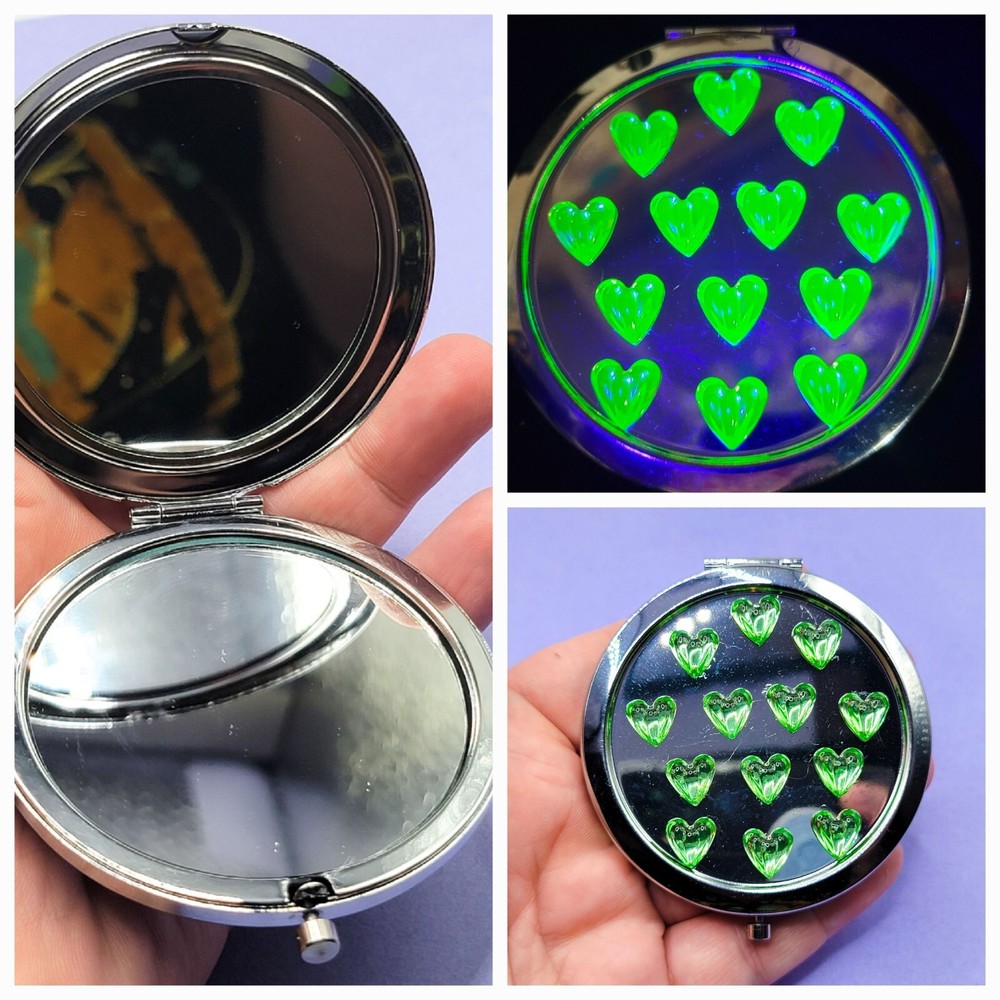 Uranium Glass Mirror Compact Green Heart Silver