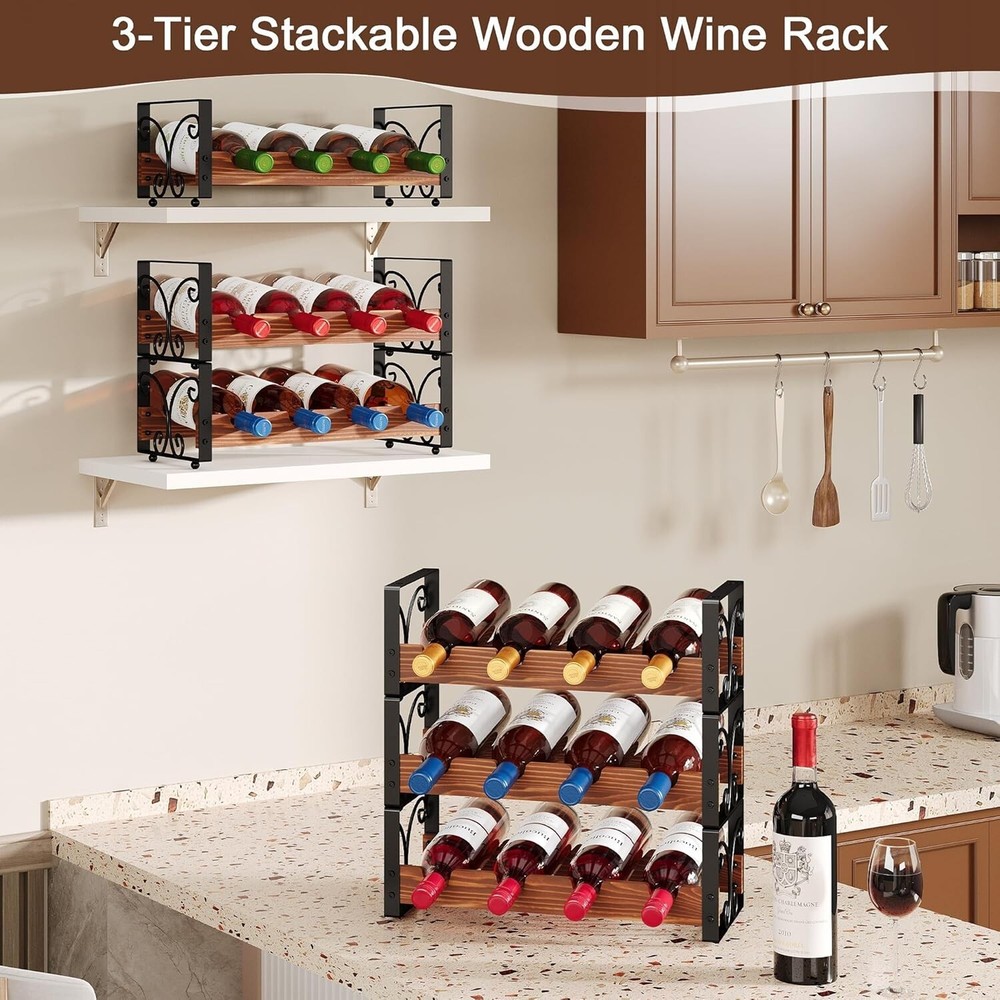 Innovative Stackable Wine Rack for 12 Bottles - Easy Assembly, Black Finish