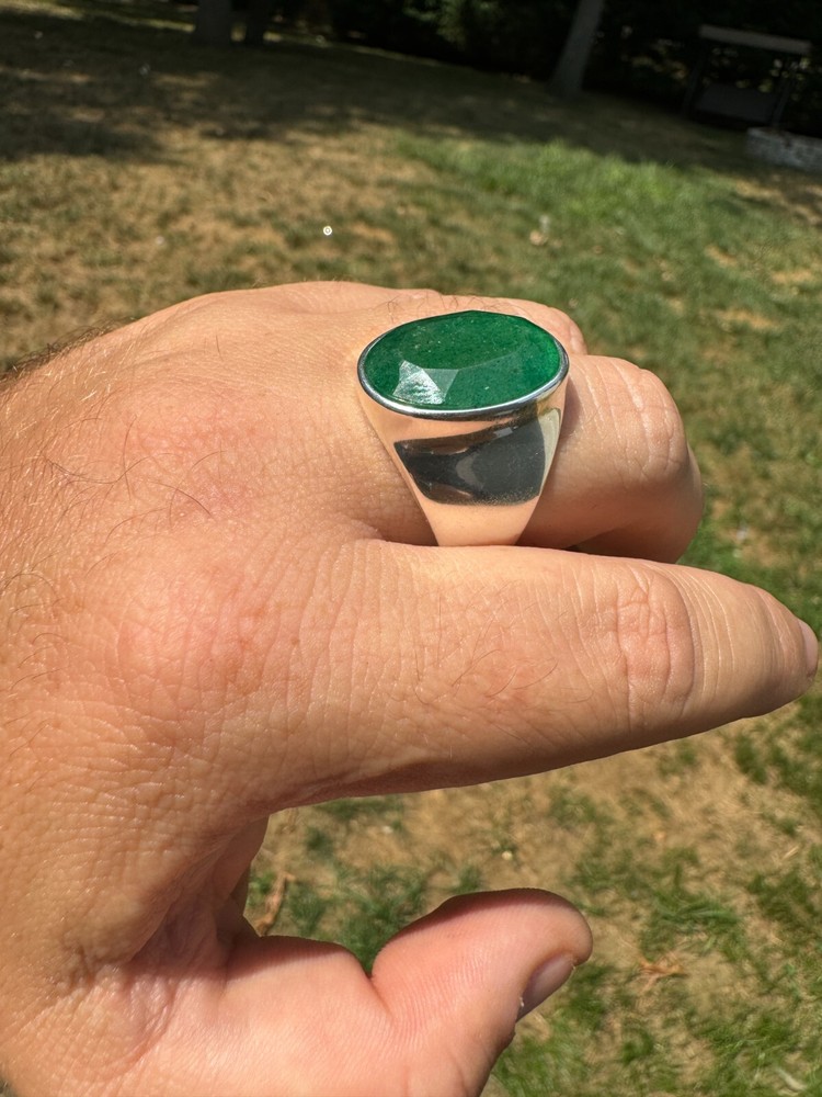Large 18ct Genuine Emerald Gemstone Mens Real Solid 925 Silver Oval Signet Ring