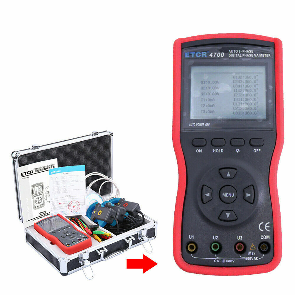 Three phase Digital Phase Voltmeter Clamp Meter 600V 600A 360° Current Detector