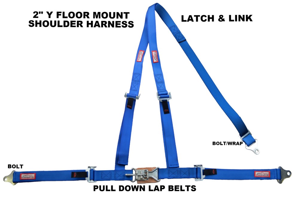 3 POINT SEAT BELT RACE HARNESS 2" LATCH & LINK PULL DOWN LAPS FLOOR MOUNT BLUE
