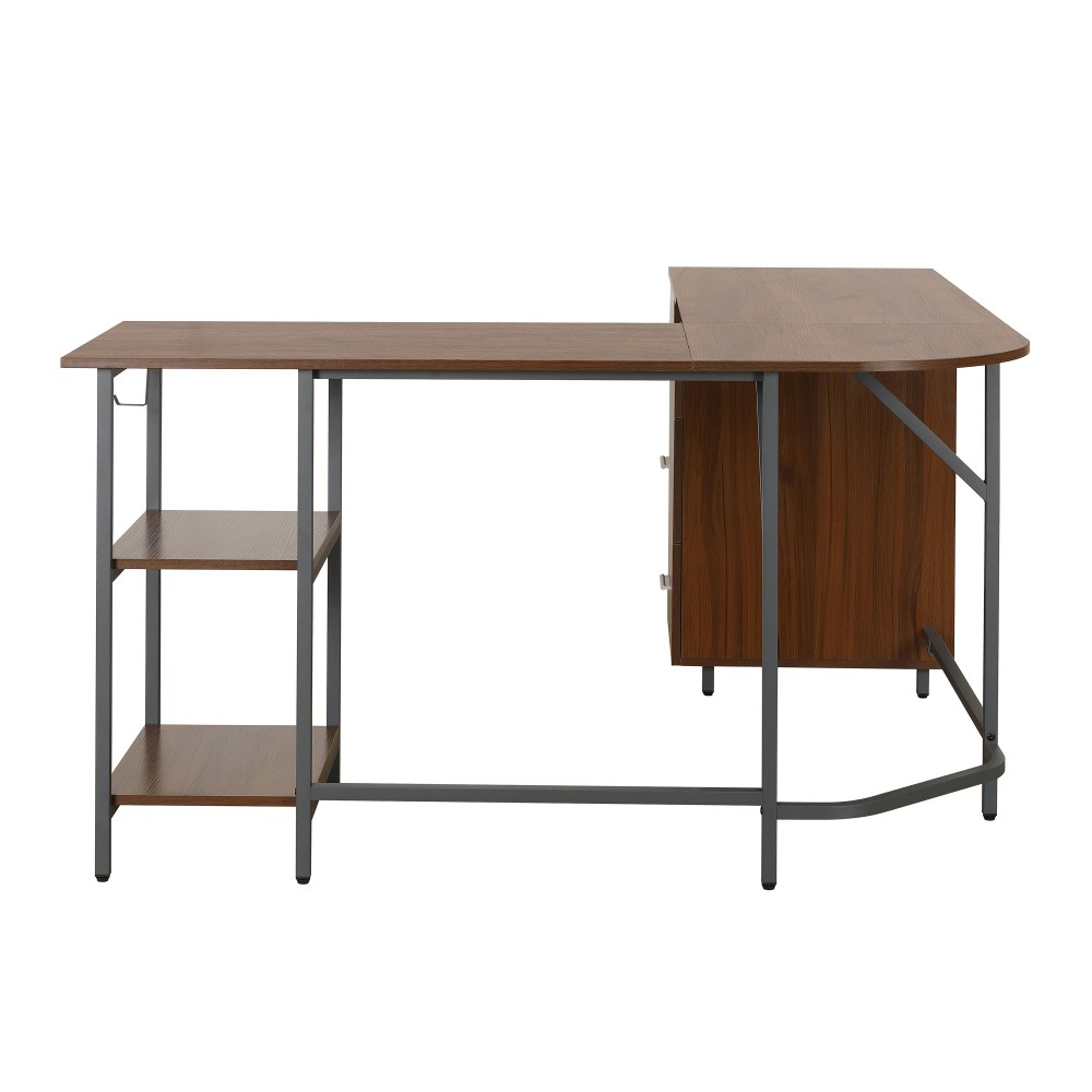 Rustic L-Desk - Engineered Walnut Top - Storage Drawers & Adjustable Shelves