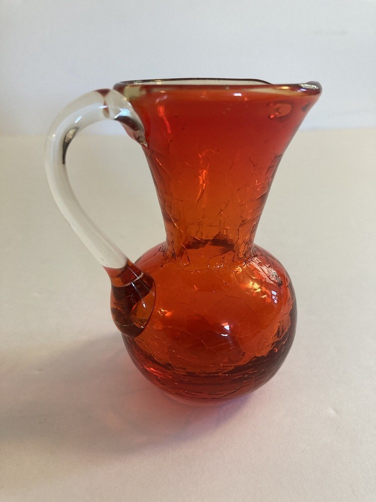Hand Blown Orange Glass Pitcher Crackles 3.5” Tall