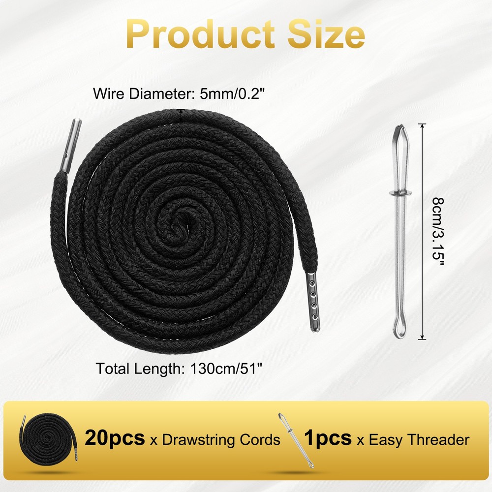 20pcs Drawstring Cords 51" Replacement Drawstring with Threader, Black