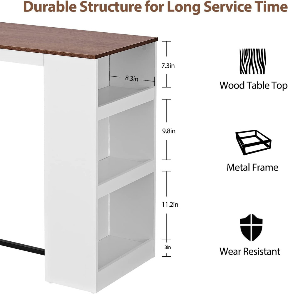 3 Piece Dining Table Set Kitchen Bar Table with Two Stool Storage Shelves Wood C