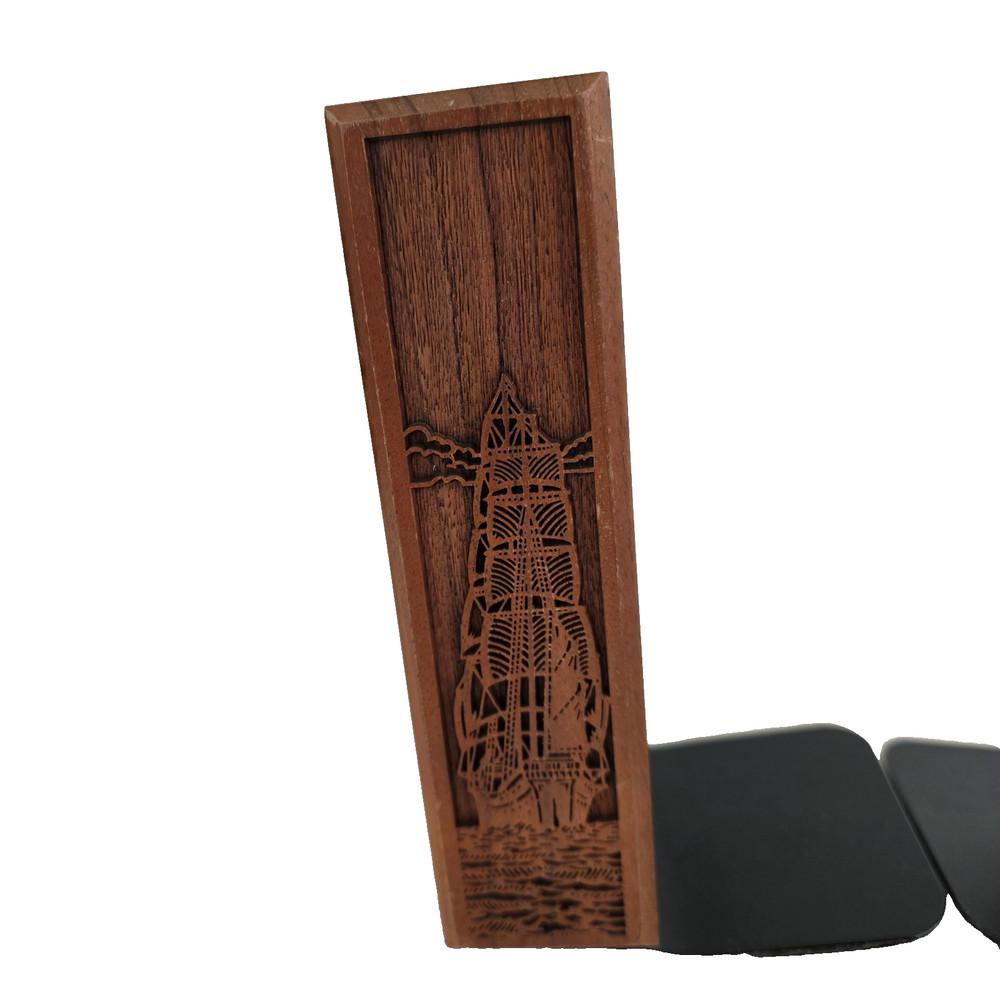 Solid Walnut Laser Engraved Ship Bookends Black Metal Base Plate Nautical Theme