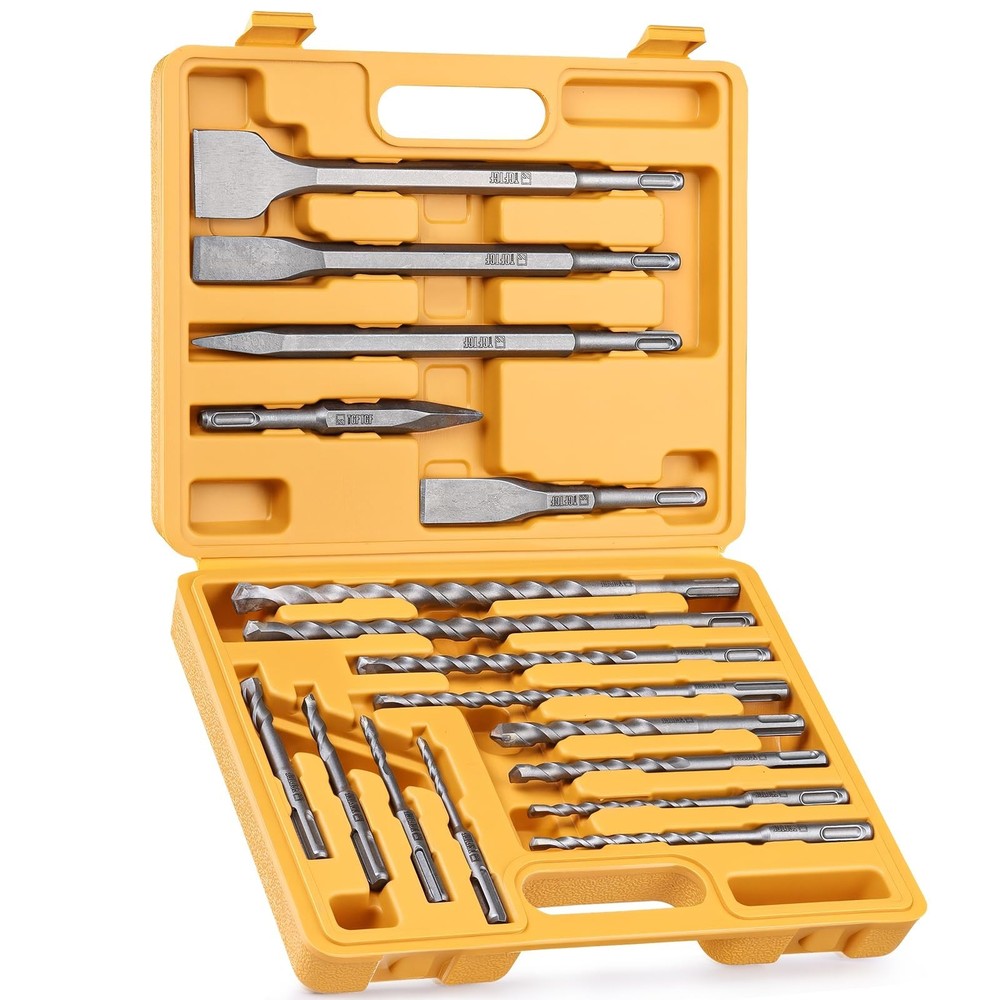 17-Piece SDS Plus Rotary Hammer Drill Bits and Chisel Set, YG8C Carbide Tips,...
