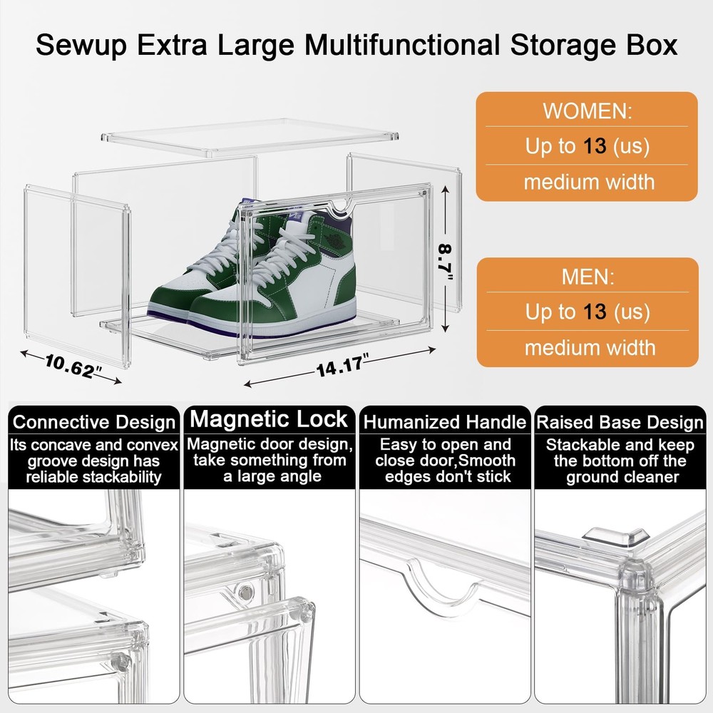 Sewup Shoe Boxes Clear Plastic Stackable Acrylic Sneaker Shoe Display Case Tr...