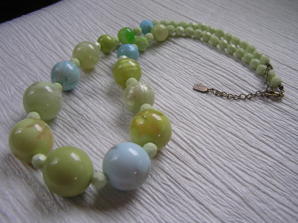 Nice Spring Designer Signed Light Blue & Green Infused Flower Graduated Plastic