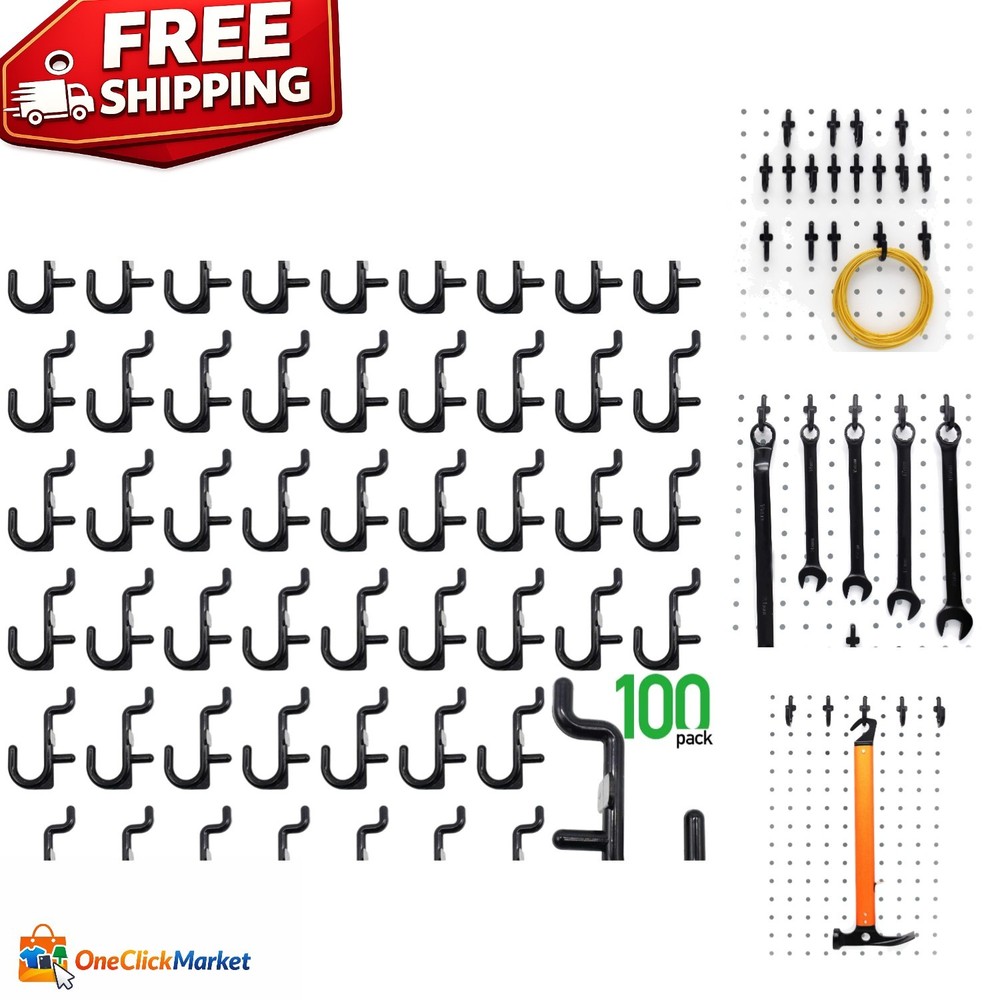 100-Pack Black Pegboard Hooks Kit - Durable J Hook Assortment for Easy Storage