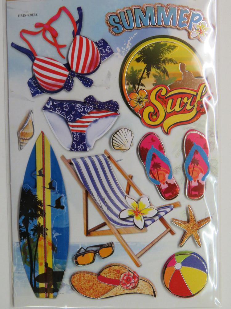 14 Crafter's Square Dimensional STICKERS ~ Summer, SURF, Bikini, Beach Shells +