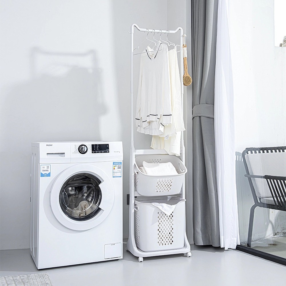 2-Tier Laundry Hamper Sorter with Hanging Bar, Rolling Laundry Baskets with Whee