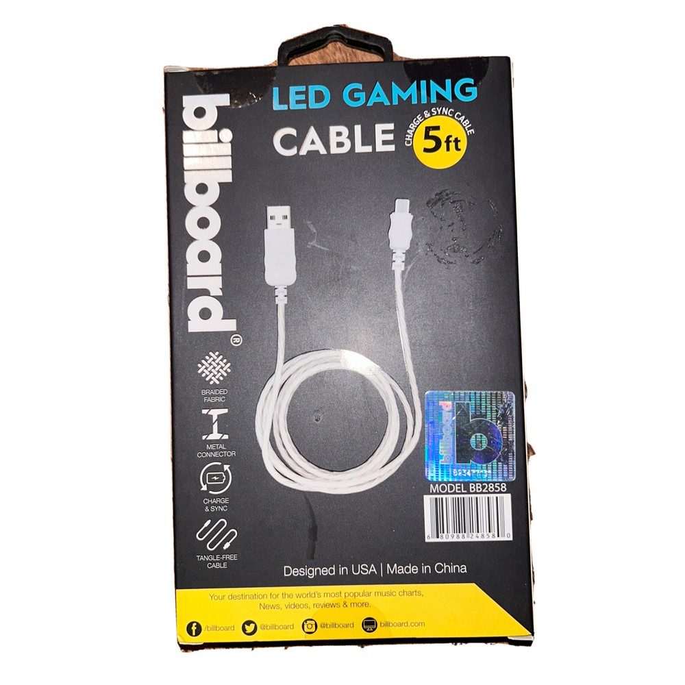 5’ Controller LED Gaming Cable - White Micro USB devices - Charge & Sync