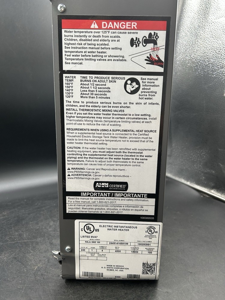 AO Smith R4LA-180E 18 Kilowatt 240 Volt 4 Chamber Electric Tankless Water Heater