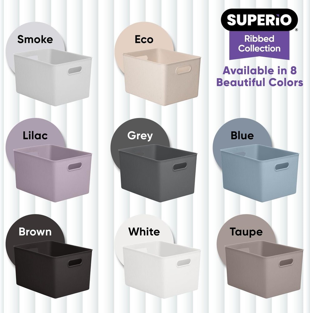 Superio 22L Large Ribbed Storage Bin- Plastic Storage Bin (6 Pack, Grey)