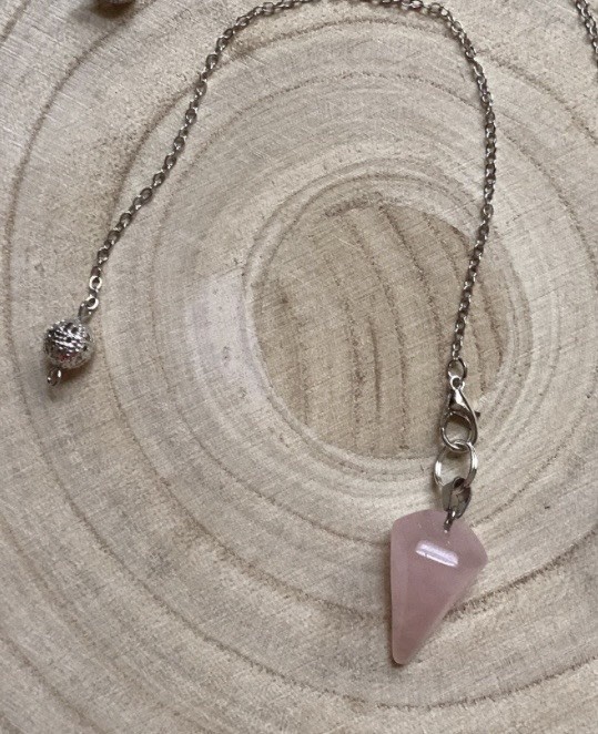 Rose Quartz Crystal Healing Pendulum w/ Silver Chain