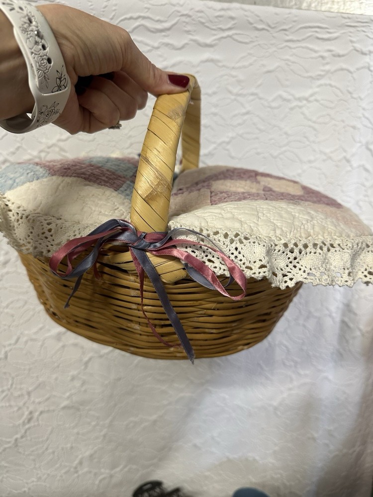 Vintage Handmade Quilted Sewing Basket Wicker Handle Patchwork Lid Cottagecore