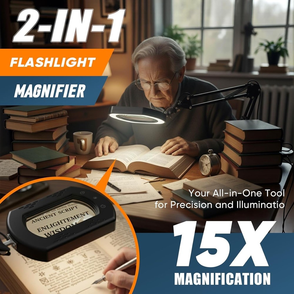 10X 30X Lighted Magnifying Glass with Stand & Clamp, 7" Large Rectangular