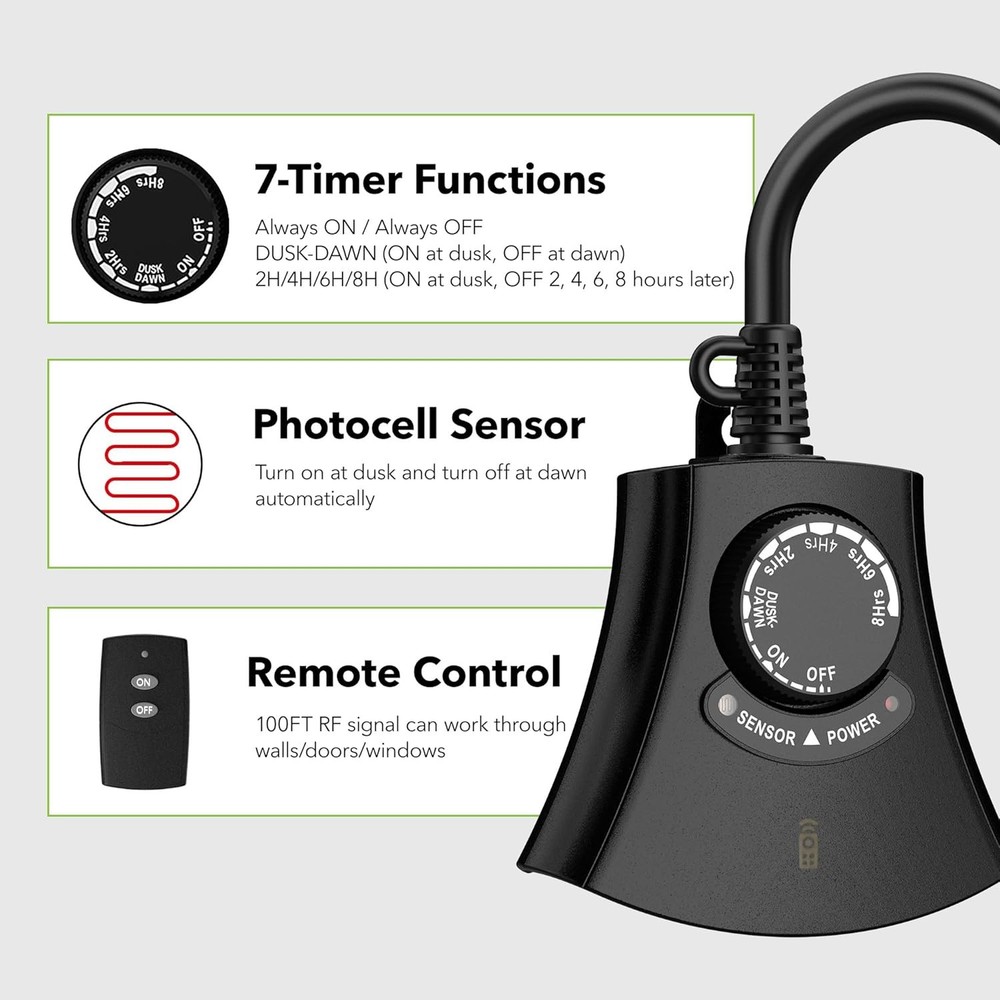 HBN Outdoor Light Timer W/ Remote Control,Waterproof Light Sensor Timer 3-Outlet
