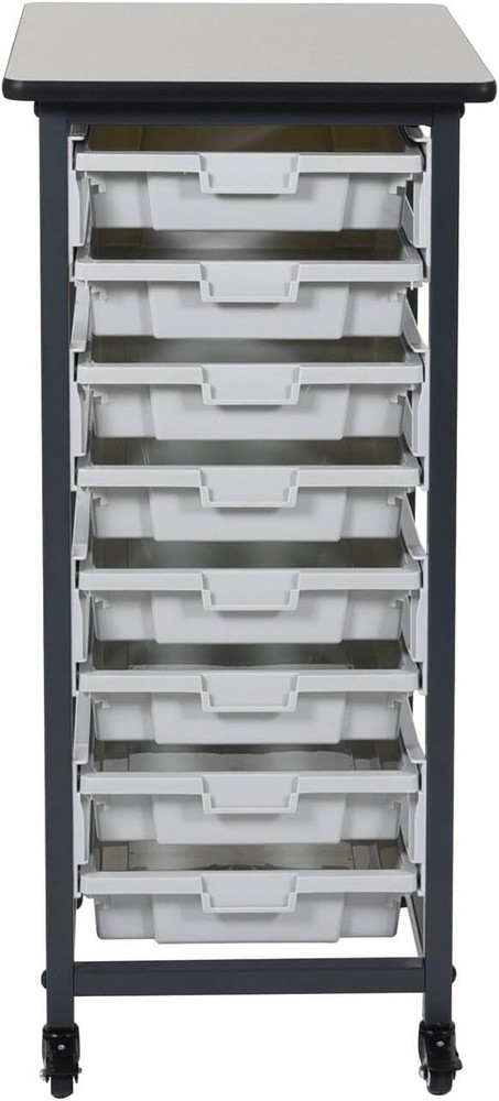 LUXOR MBS-SR-8S Mobile Bin Storage Unit - Single Row with Small Gray Bins