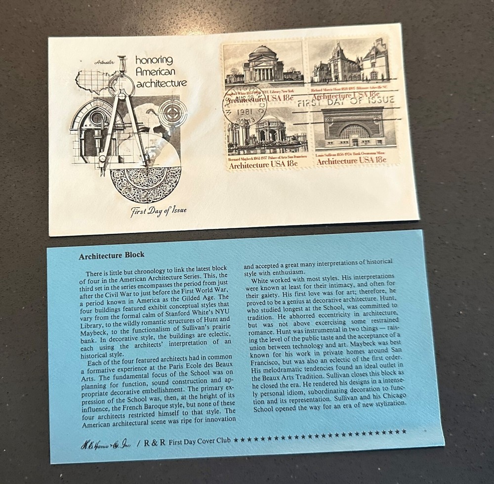 US FDC  18c American Architecture block Artmaster  1981