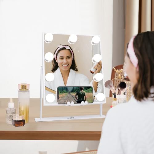 White Hollywood Vanity Mirror with Lights 9 Dimmable Bulbs A-white-bluetooth