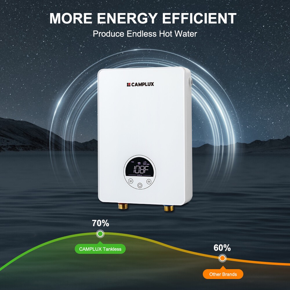 Camplux 6kW Electric Tankless Water Heater LED Display for Sink Wall Mounted RV