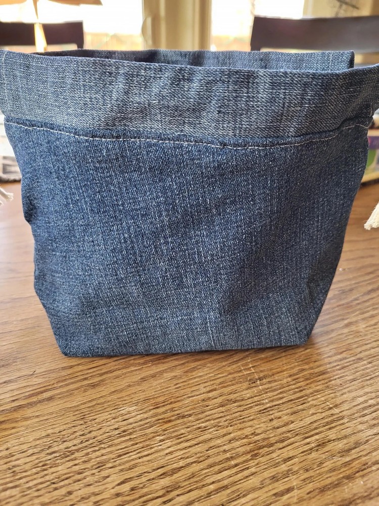 Upcycled Denim Sack, drawstring bag, small project bag, small storage bag