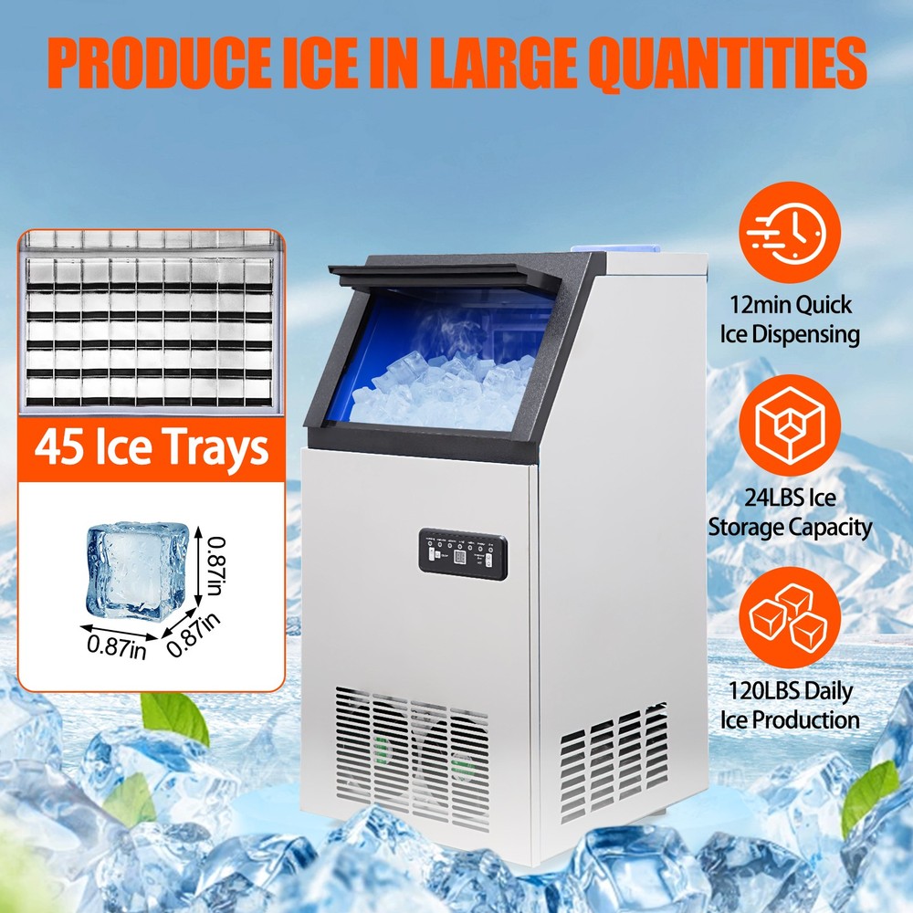 Commercial Ice Maker, 120lbs/24 Hours, Ice Maker Machine with 24lbs Storage Bin