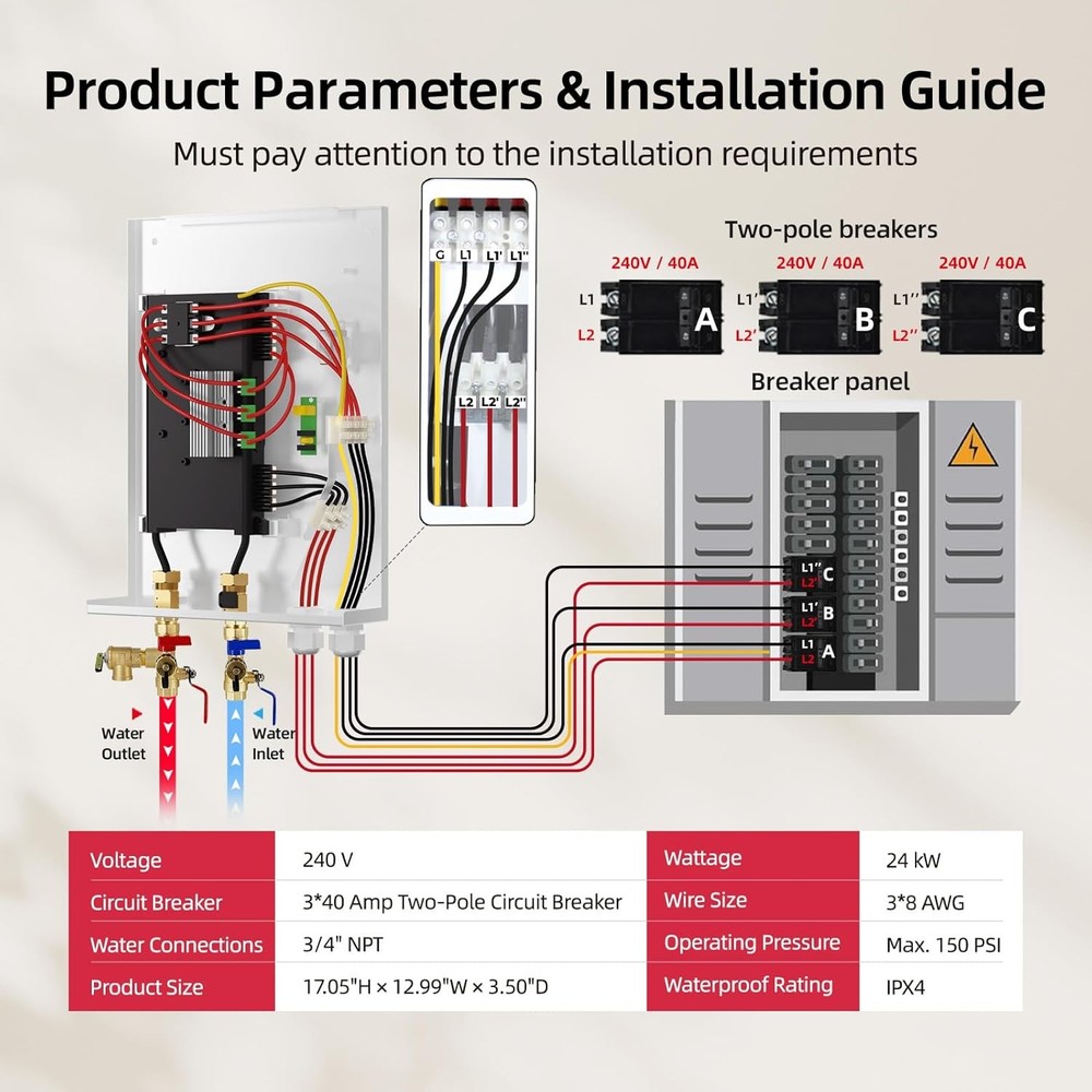 24KW Tankless Water Heater Electric 240V Whole House Shower Instant Hot Boiler