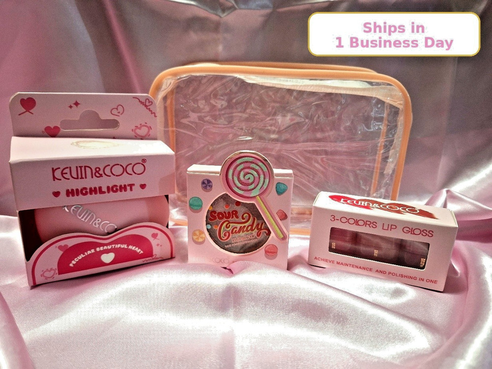 Highlighter Eyeshadow & Lipgloss Trio Cute Makeup Gift Bundle Kevin & Coco