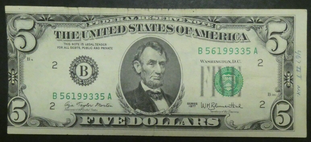 1977 $5 Five Dollars Federal Reserve Note ERROR MISALIGNED MAJOR SHIFT