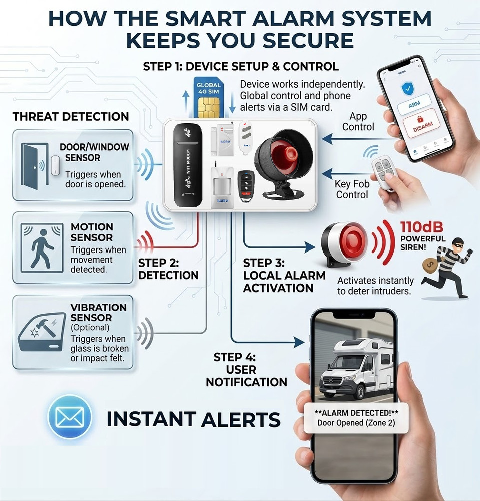 RV-Camper-Van-Car Alarm Security System Wireless Motion Sensor Mobile Live Alert