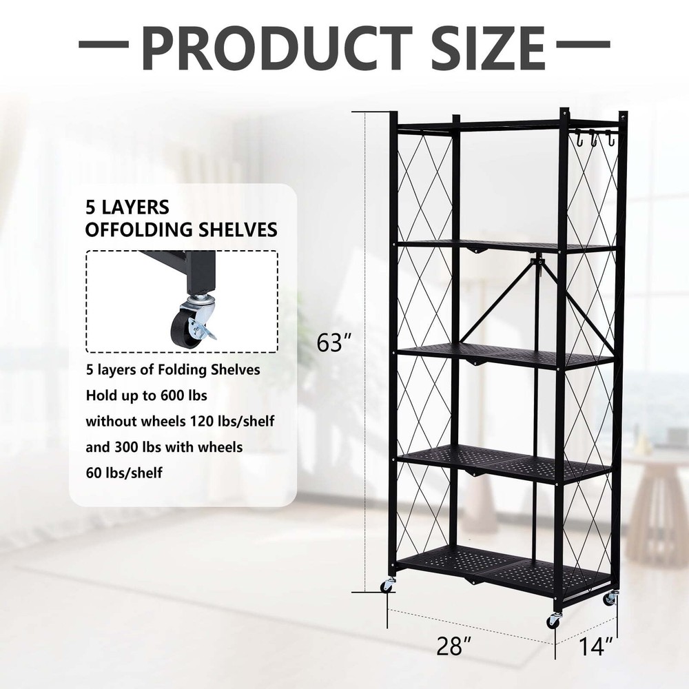 5-layer foldable storage rack, metal rack unit, basement and pantry storage rack