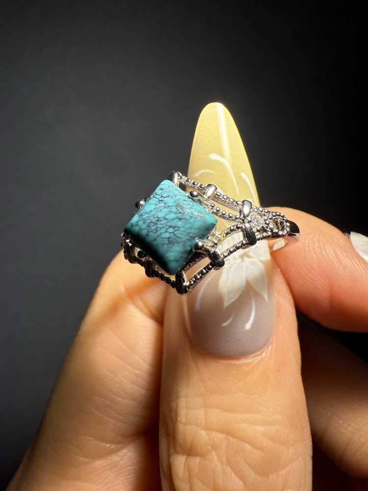 Natural Hubei Turquoise Square Ring / Silver- plated/adjustable