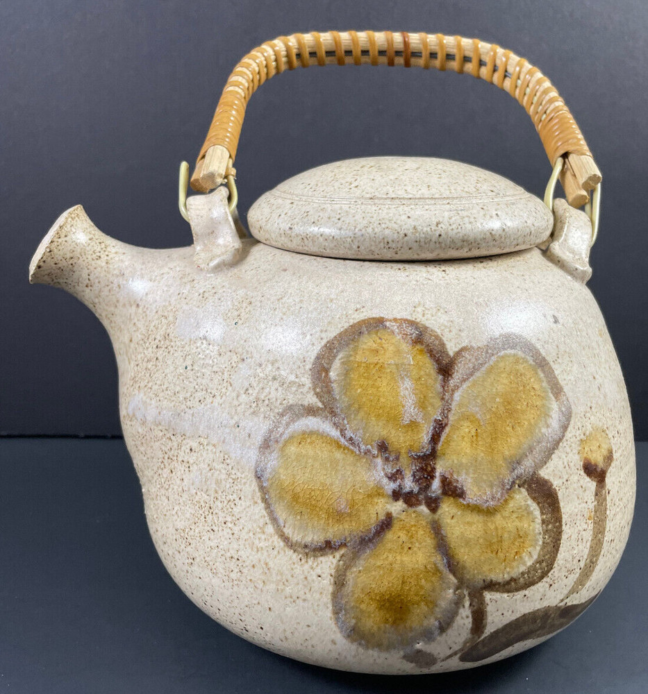 Floral Teapot w/ Bamboo Handle Studio Pottery Tan Brown Signed Rustic Handmade