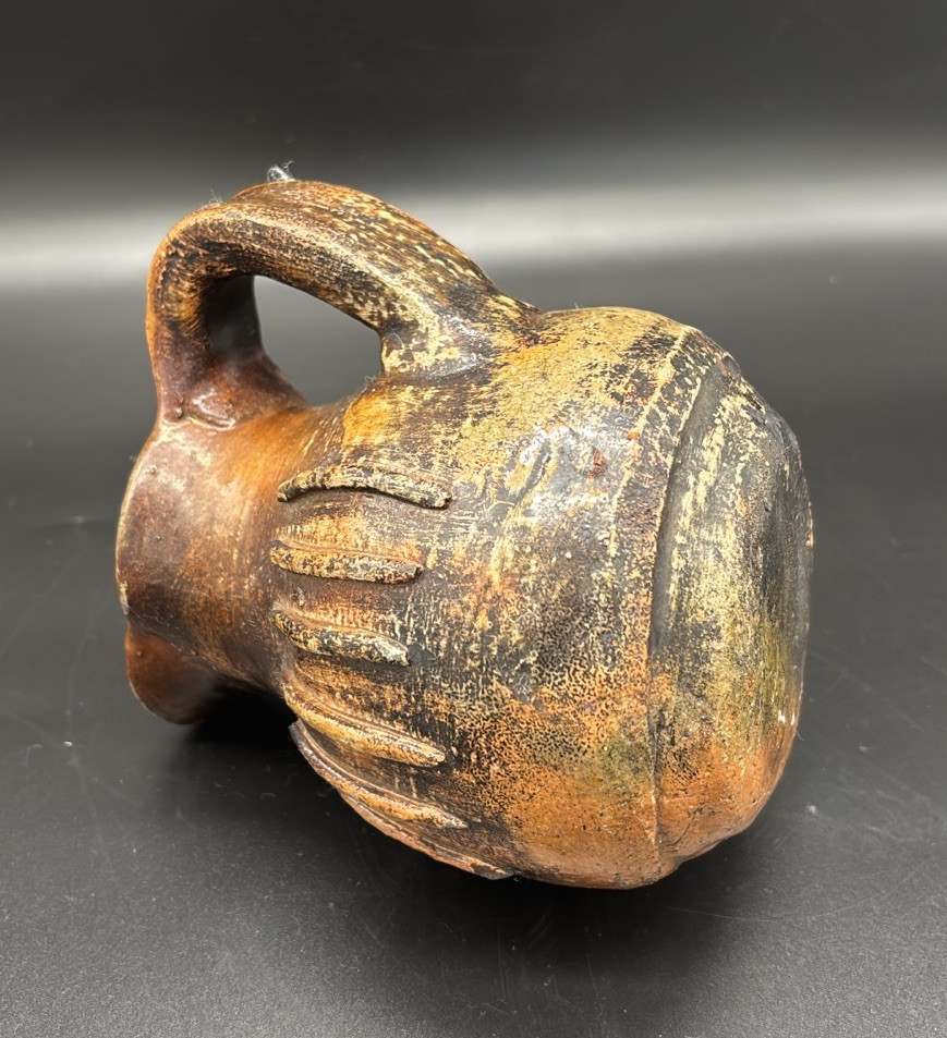 Rustic Primitive Glazed Pottery Small Jug Pitcher Raised Ridges 6”
