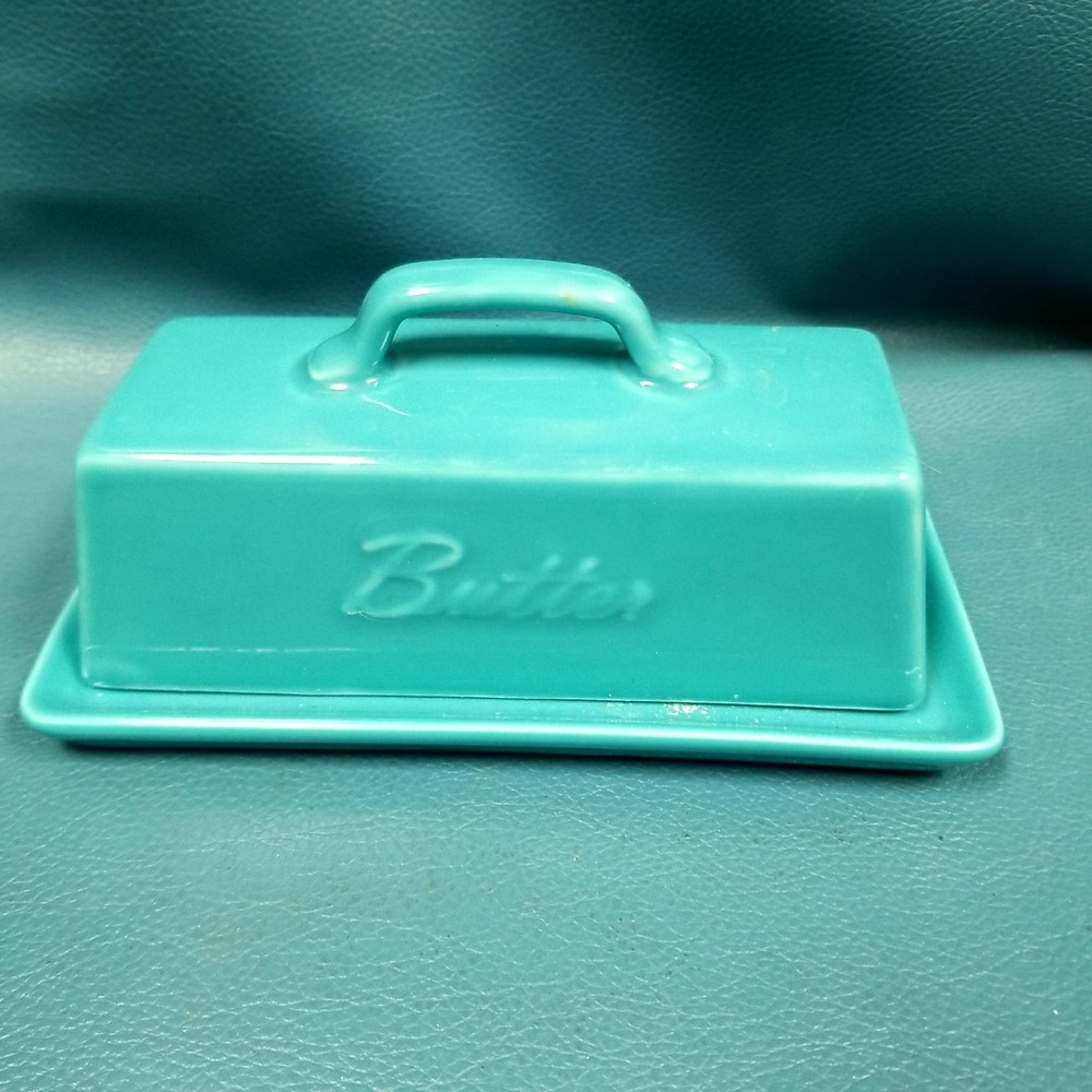Bruntmor Embossed Lidded Ceramic Butter Dish Turquoise Glaze Top Handle