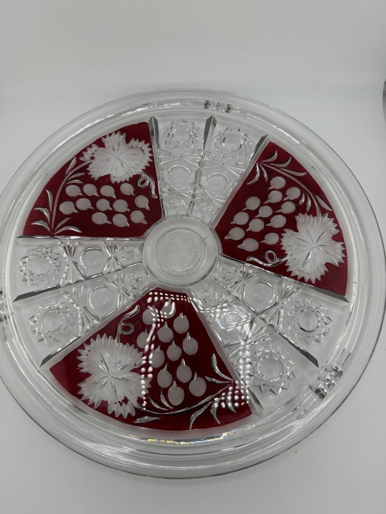 Vintage Ruby Czech Cut Glass Flat Cake Plate Read 12"