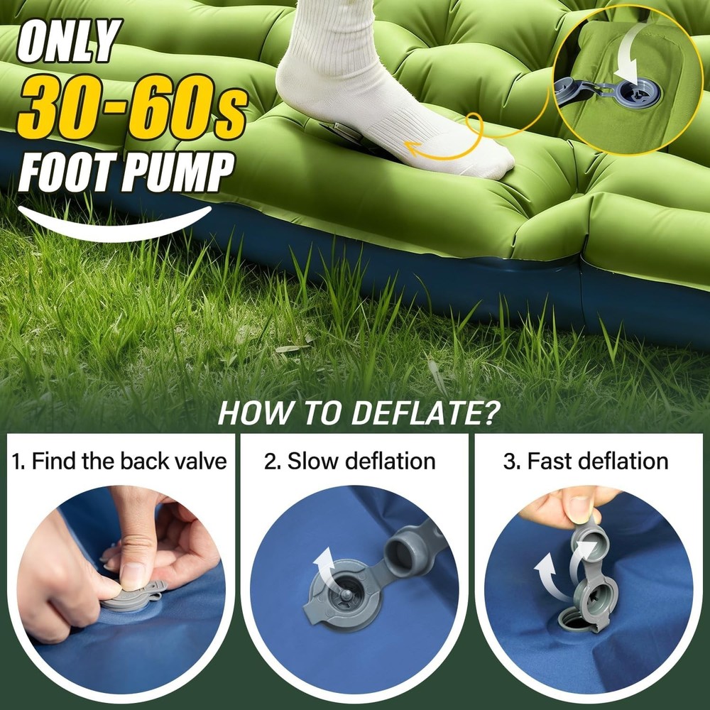 Ultra-Thick Double Self-Inflating Camping Sleeping Pad with Pillow Green