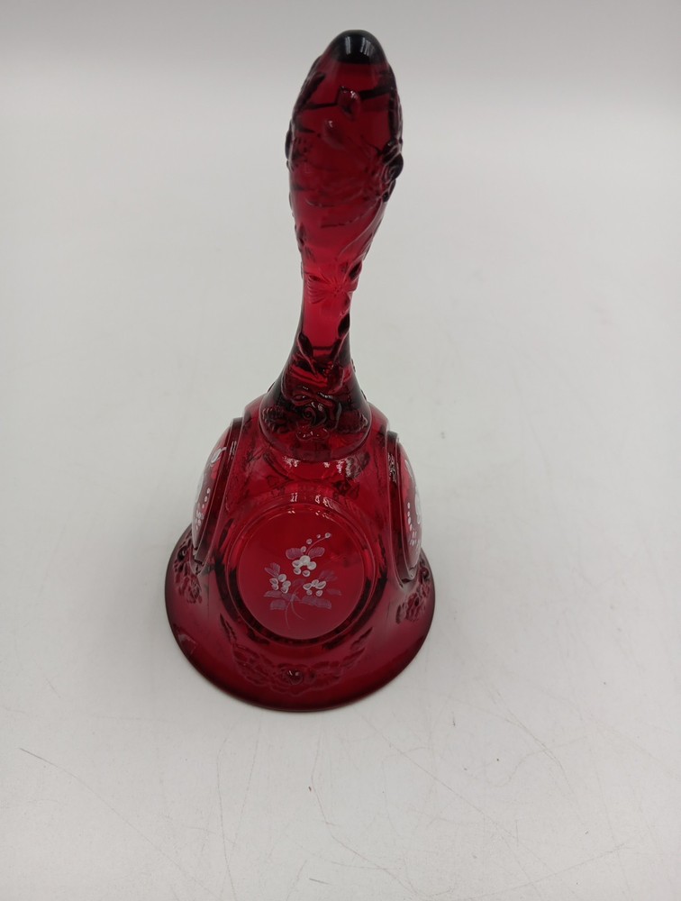 Fenton Ruby Red Bell Hand Painted Flowers Signed By Artist