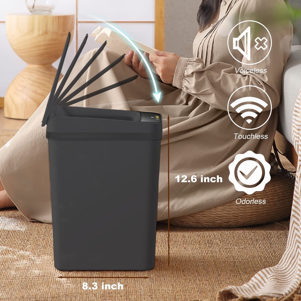 Touchless Bathroom Trash Can 2.5 Gallon Slim Sensor Auto Open Black