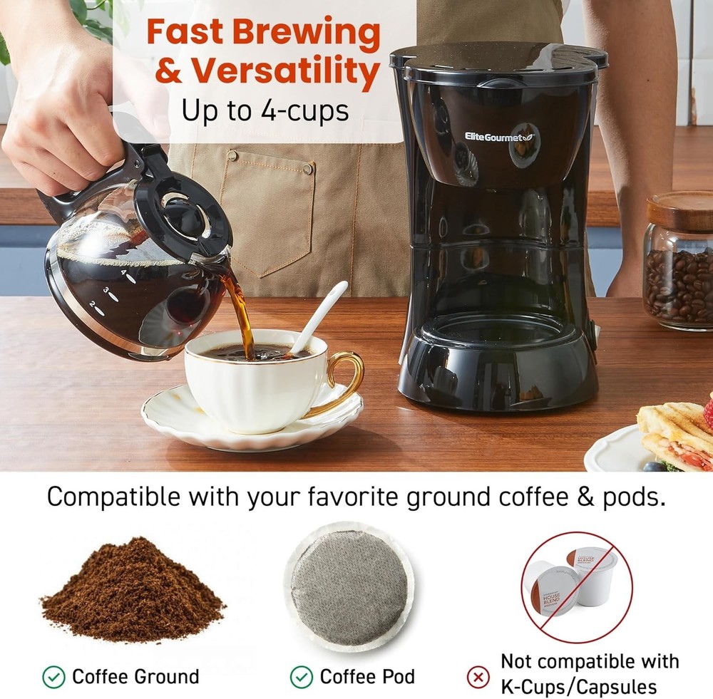 4-Cup Drip Coffee Maker Stainless Steel Reusable Filter Keep Warm Compact