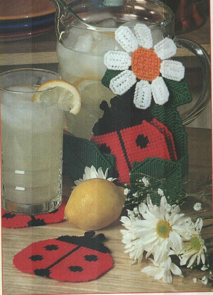 LADYBUG COASTER SET HOME DECOR PLASTIC CANVAS PATTERN INSTRUCTIONS HTF