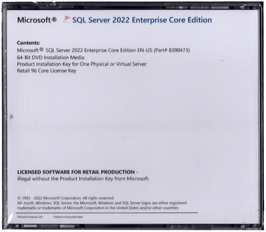 Microsoft SQL Server 2022 Enterprise with 96 Core License, unlimited User CALs
