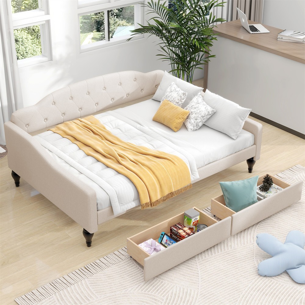 Full Size Daybed Upholstered Bed Frame Sofa Bed with 2 Storage Drawer Beige